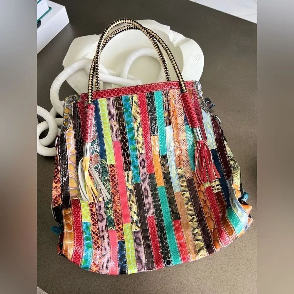 Retro Multicolor Leather Patchwork Handbag with Braided Handles - Picture 7 of 8